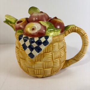 Susan Winget Teapot Basket Weave Apples Fruit Ceramic Decorative Kitchen‎